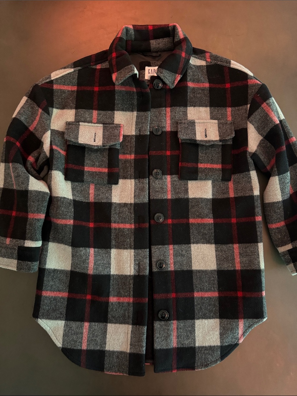 GAP Kids Black, Gray & Red Plaid Button-Up Jacket